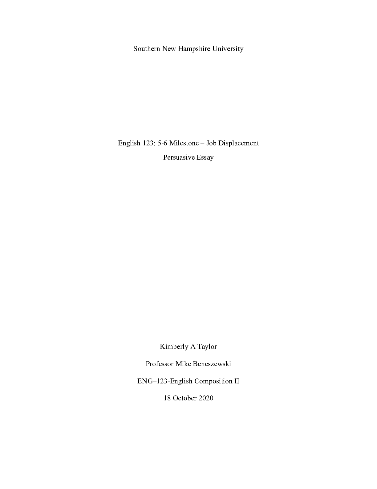 Preview image for English 123   Persuasive Essay     Job Displacement.docx  Southern New Hampshire Universit